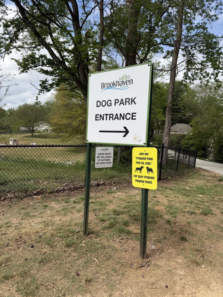 Brookhaven dog park entrance sign in Brookhaven Georgia
