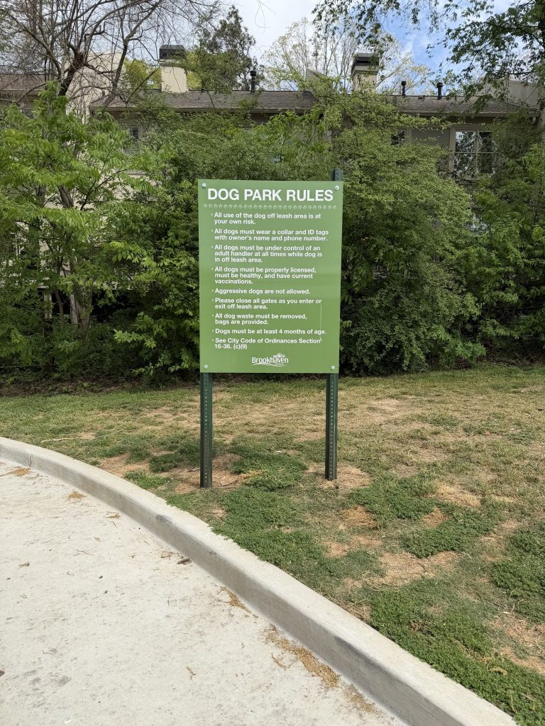 Brookhaven dog park rules sign at Brookhaven Georgia dog park