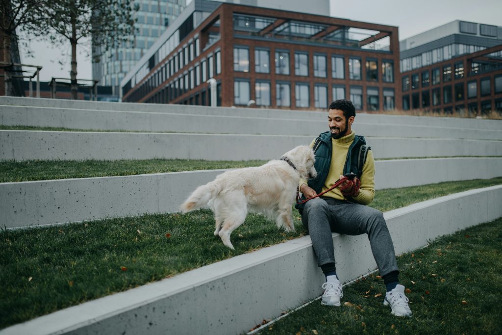 Professional dog walker taking a break with a Golden Retriever during a dog walking visit in Atlanta.