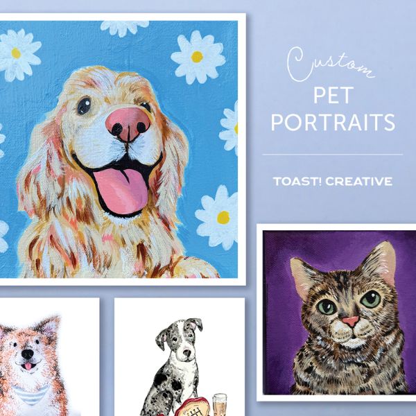 Custom pet portrait paintings of a golden retriever, cat, husky, and dog by Toast! Creative